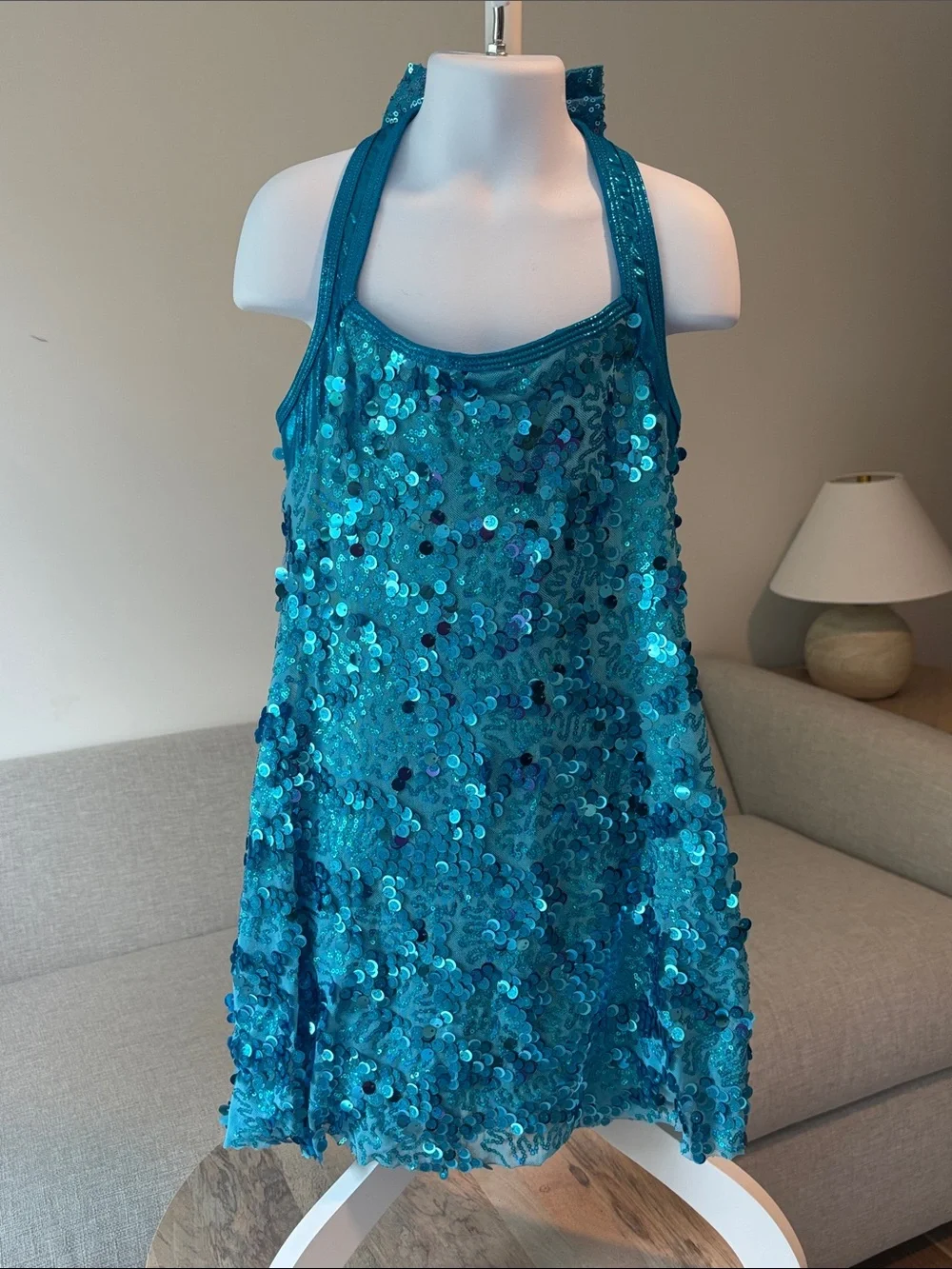 Girls Sparkling Blue Sequin Halter Dance Costume Dress with Bow Hair Clip